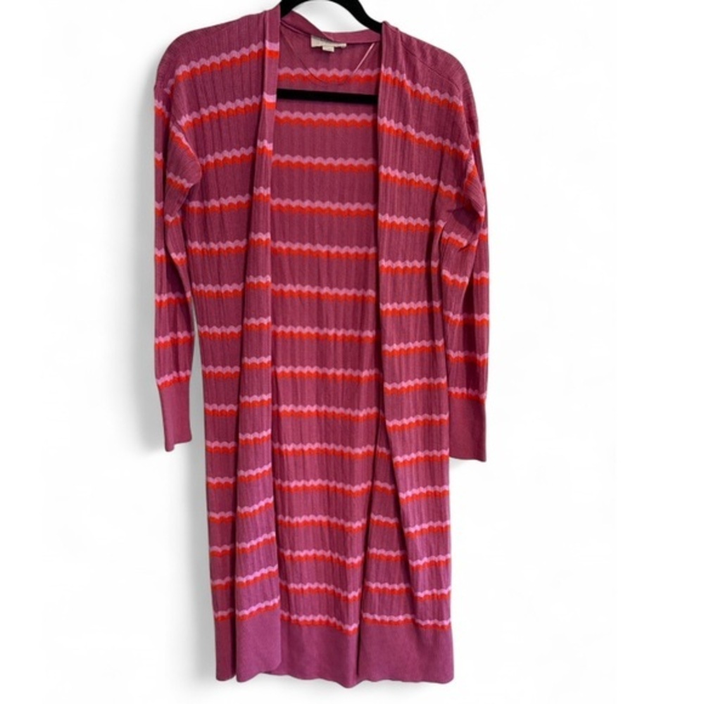 LOFT Pink Red Striped Wavy Pointelle Open Front Duster Cardigan Size Small
